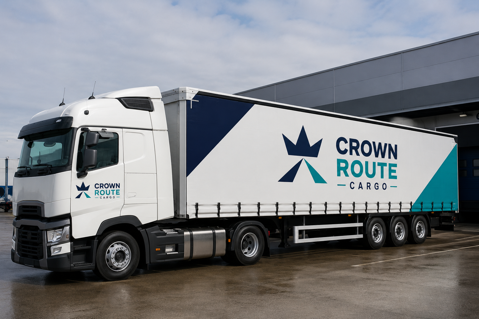 Crown Route Cargo branded articulated truck at logistics yard