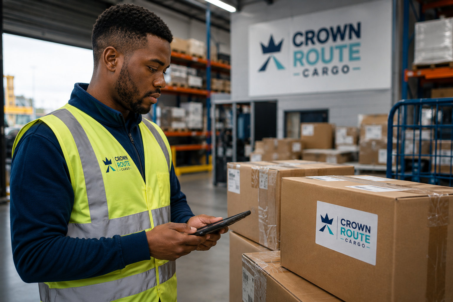 Crown Route Cargo warehouse worker checking parcels