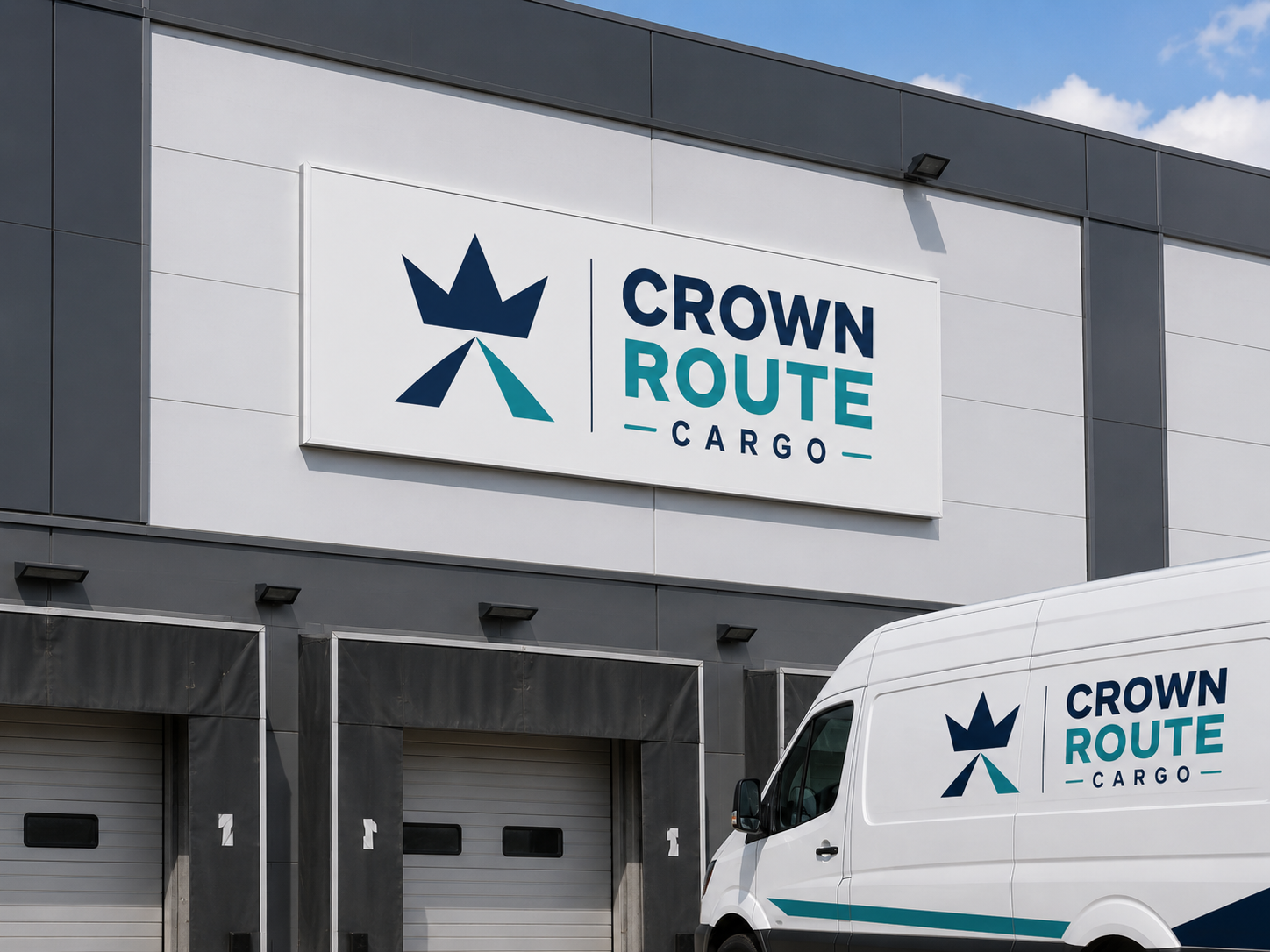 Crown Route Cargo warehouse sign with branded van